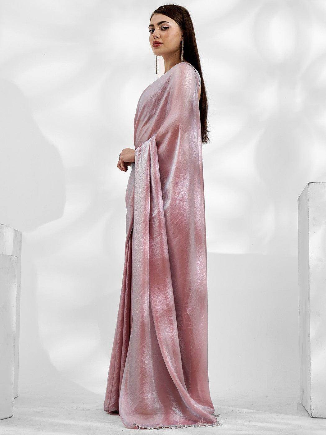 Unexpected Peach Organza Party Wear Plain Saree With Blouse - Zeel Clothing