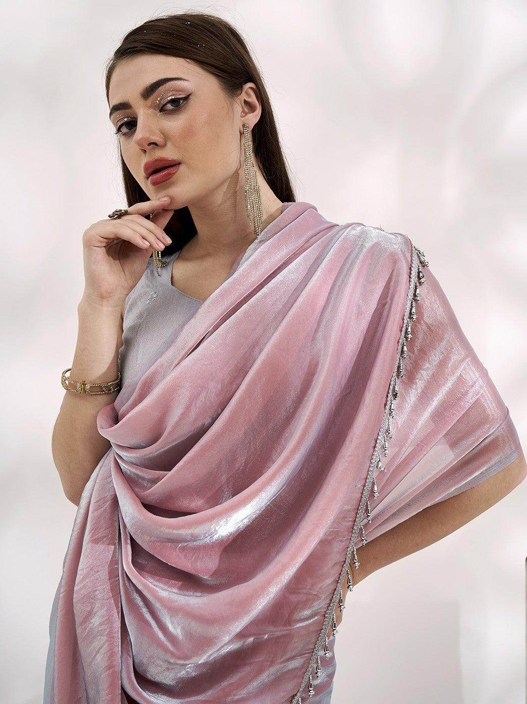 Unexpected Peach Organza Party Wear Plain Saree With Blouse - Zeel Clothing