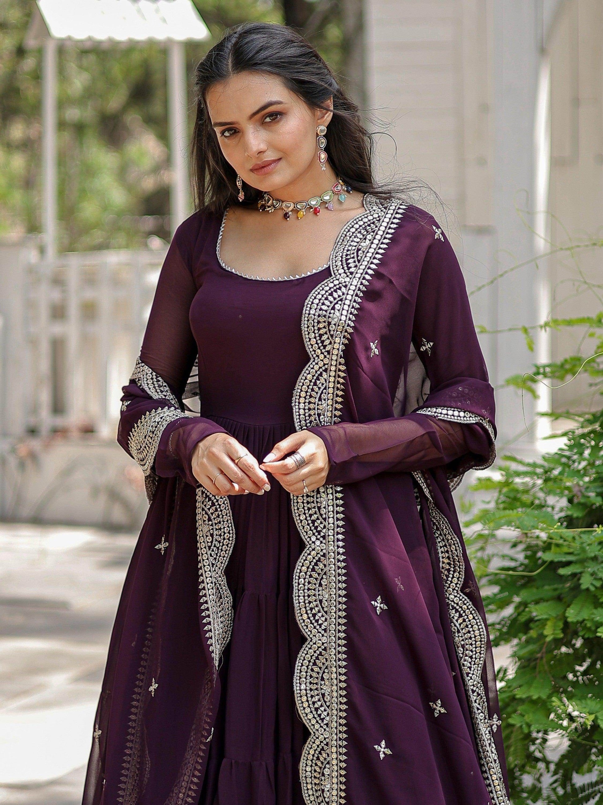 Unexpected Wine Georgette Festival Wear Plain Gown With Dupatta - Zeel Clothing