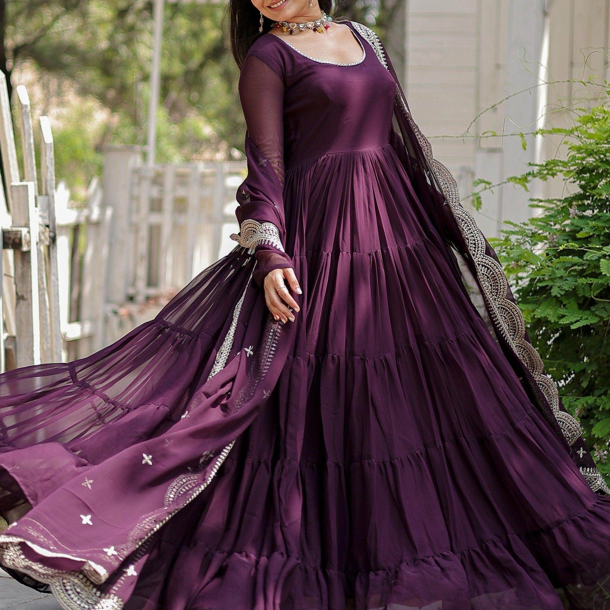 Unexpected Wine Georgette Festival Wear Plain Gown With Dupatta - Zeel Clothing