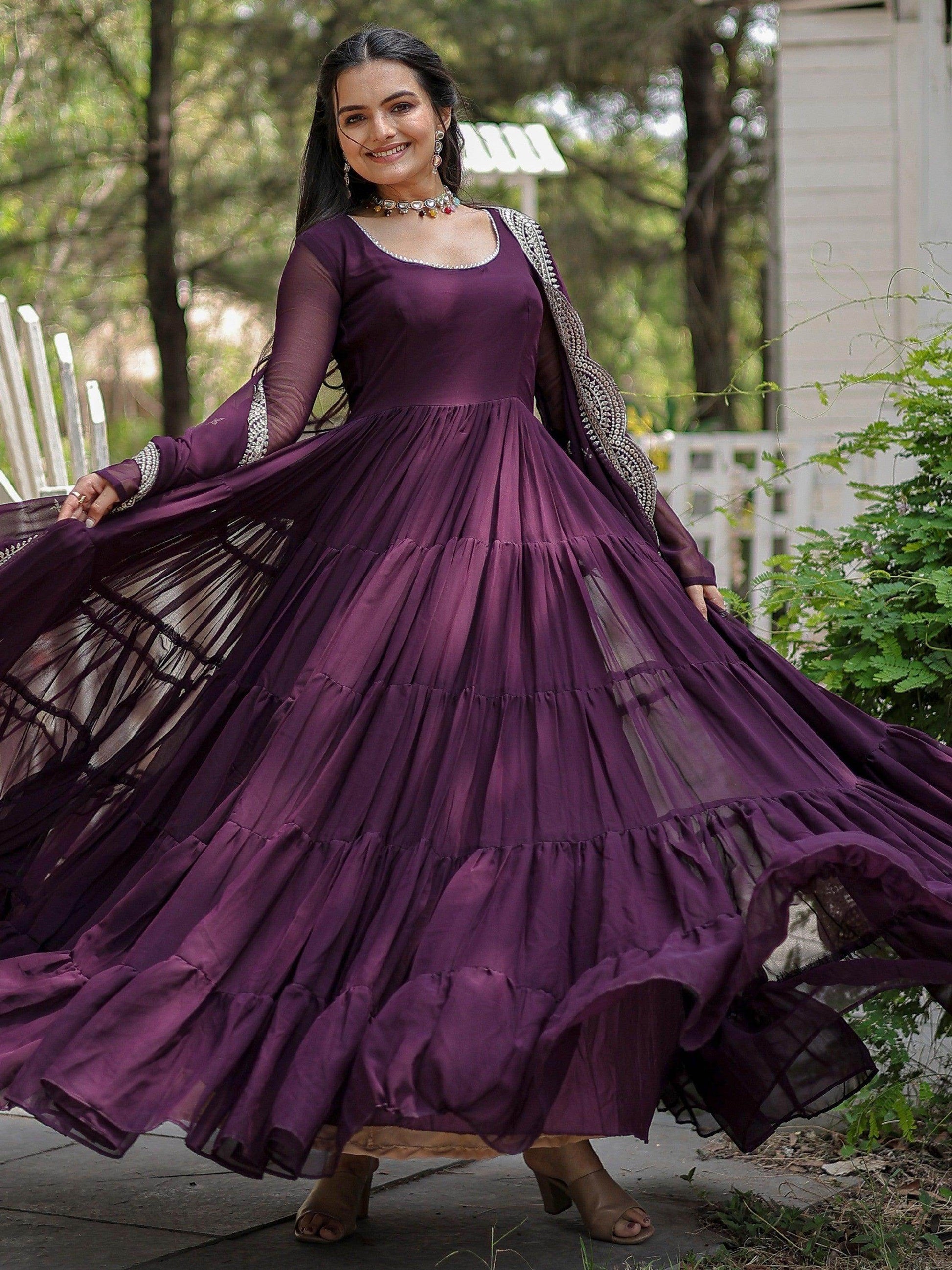 Unexpected Wine Georgette Festival Wear Plain Gown With Dupatta - Zeel Clothing