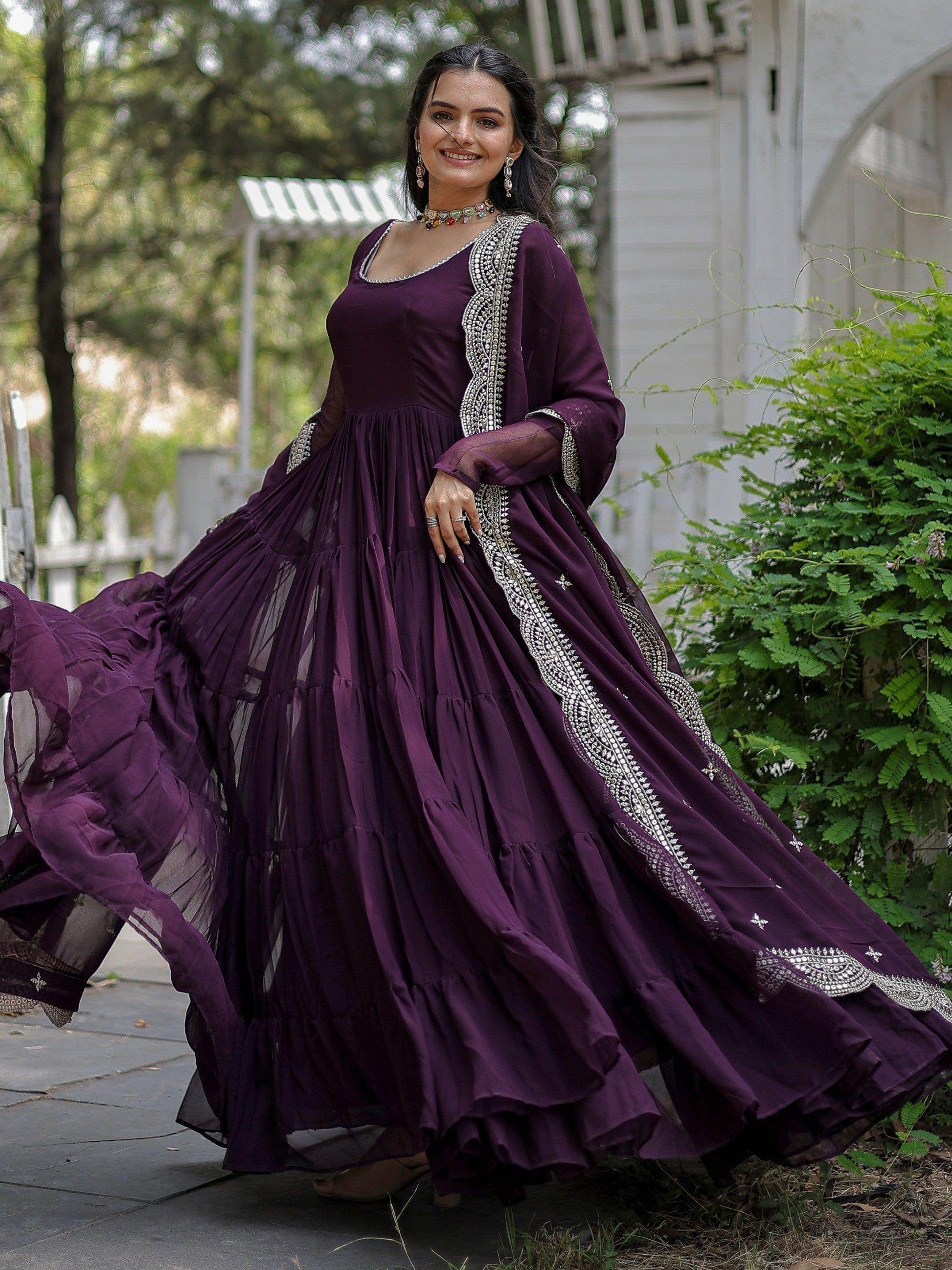 Unexpected Wine Georgette Festival Wear Plain Gown With Dupatta - Zeel Clothing