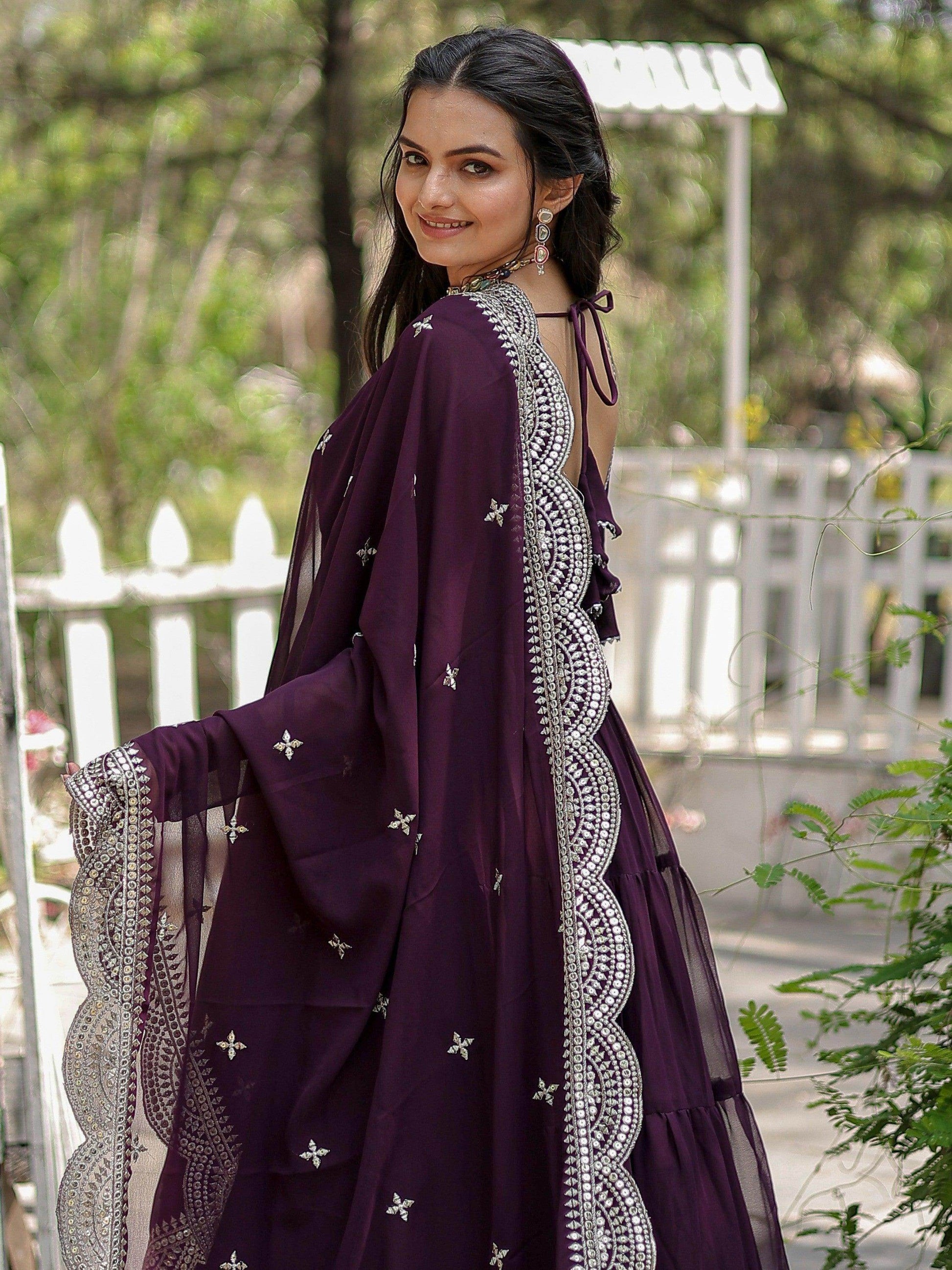 Unexpected Wine Georgette Festival Wear Plain Gown With Dupatta - Zeel Clothing