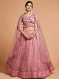 Unique Blush Pink Thread Embroidered Net Party Wear Lehenga Choli - Zeel Clothing