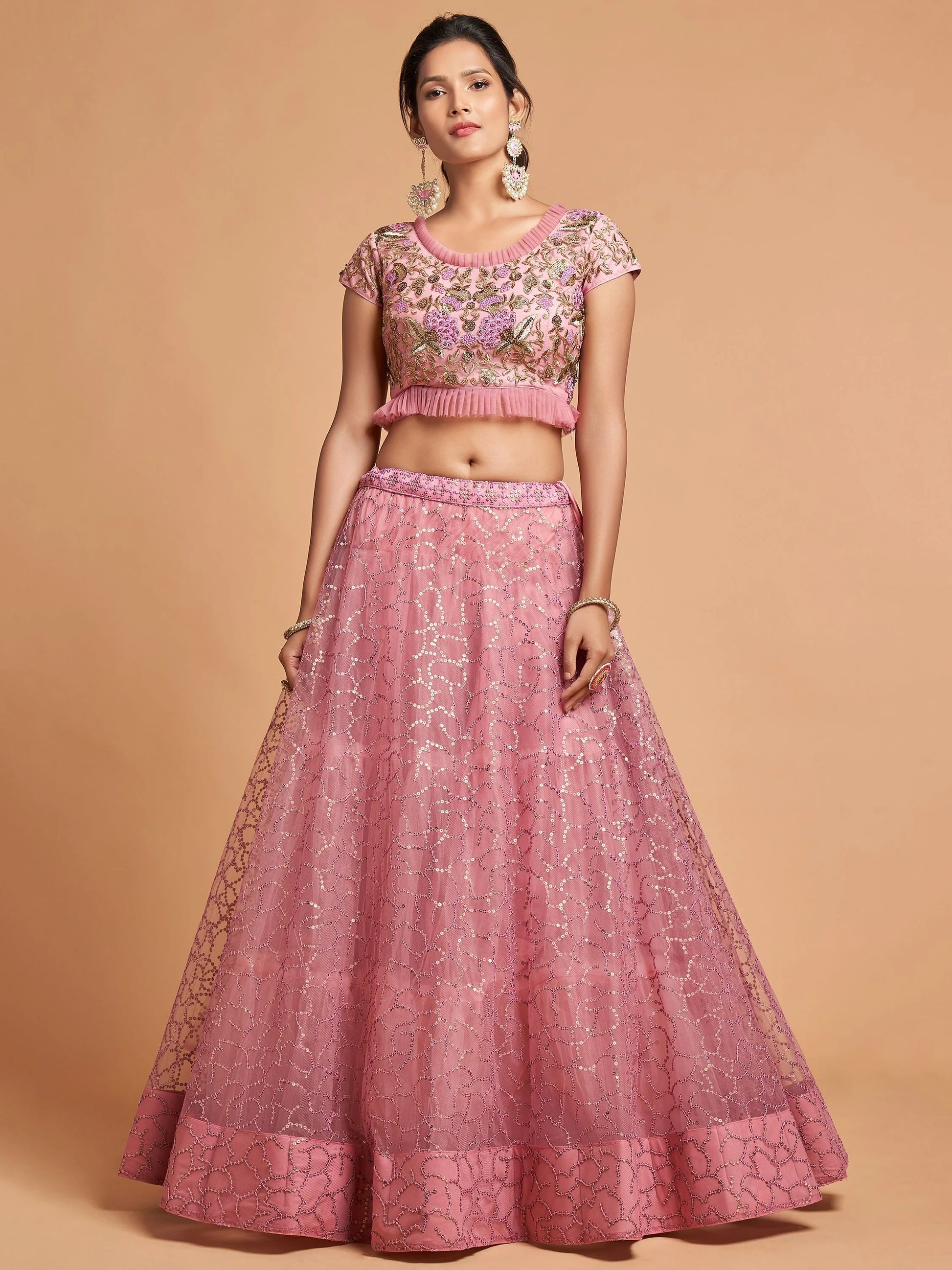 Unique Blush Pink Thread Embroidered Net Party Wear Lehenga Choli - Zeel Clothing