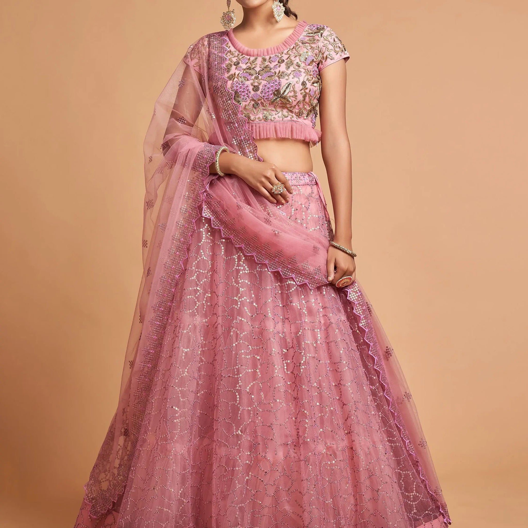 Unique Blush Pink Thread Embroidered Net Party Wear Lehenga Choli - Zeel Clothing