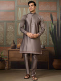 Unique Grey Thread Embroidered Silk Designer Men Kurta And Pant With Jacket