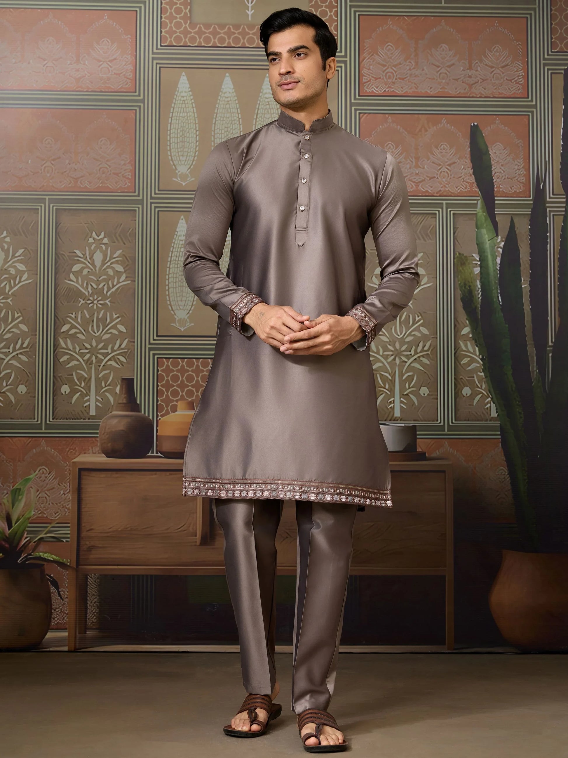 Unique Grey Thread Embroidered Silk Designer Men Kurta And Pant With Jacket