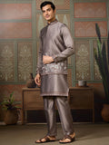 Unique Grey Thread Embroidered Silk Designer Men Kurta And Pant With Jacket