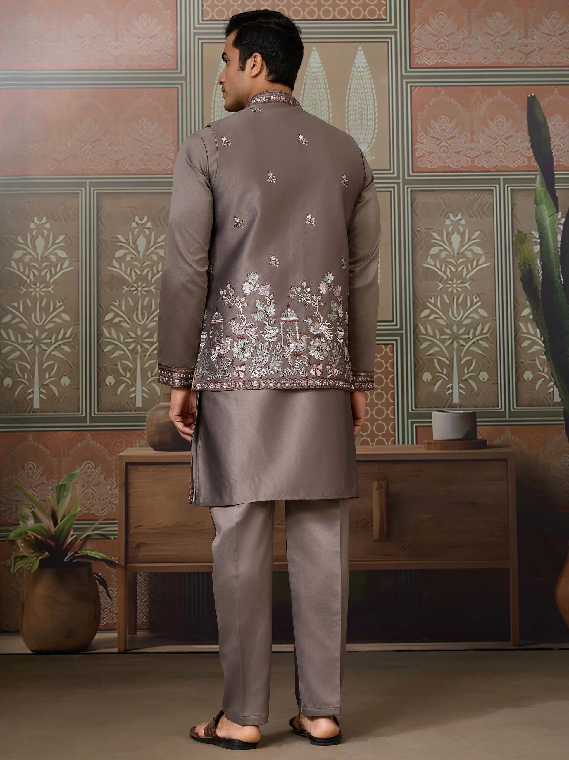 Unique Grey Thread Embroidered Silk Designer Men Kurta And Pant With Jacket