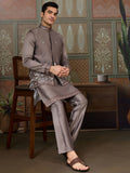 Unique Grey Thread Embroidered Silk Designer Men Kurta And Pant With Jacket