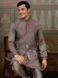 Unique Grey Thread Embroidered Silk Designer Men Kurta And Pant With Jacket