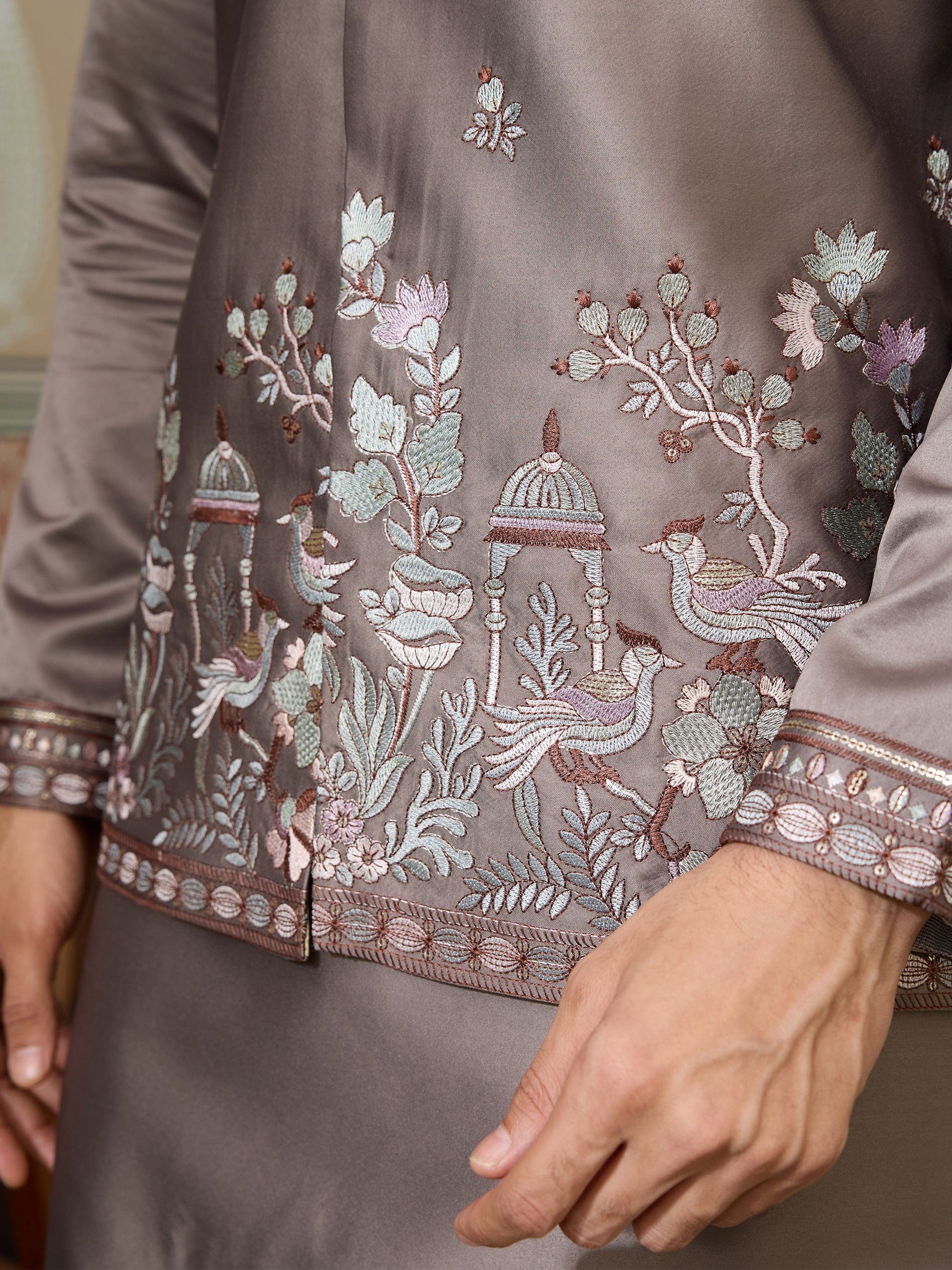 Unique Grey Thread Embroidered Silk Designer Men Kurta And Pant With Jacket