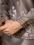 Unique Grey Thread Embroidered Silk Designer Men Kurta And Pant With Jacket