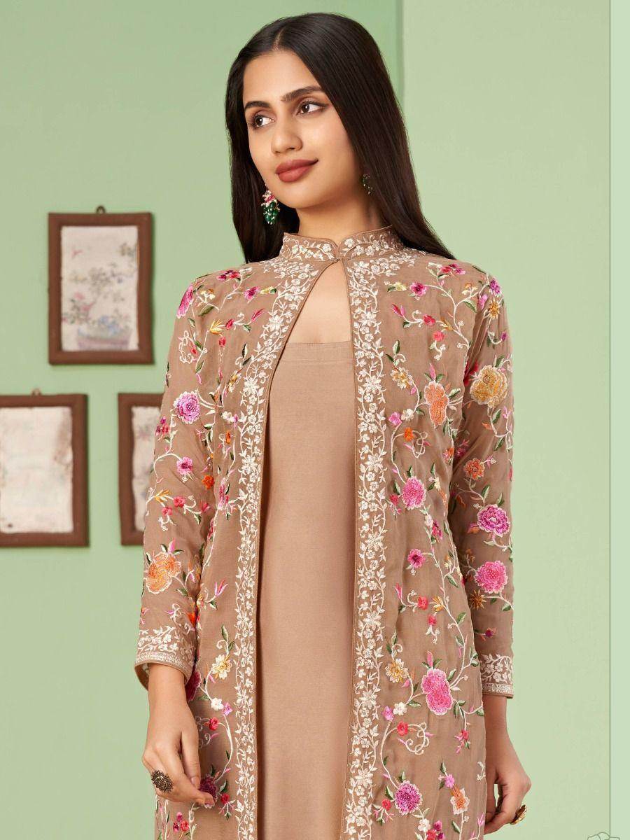 Unique Light Brown Embroidered Georgette Jacket Salwar Suit - Zeel Clothing