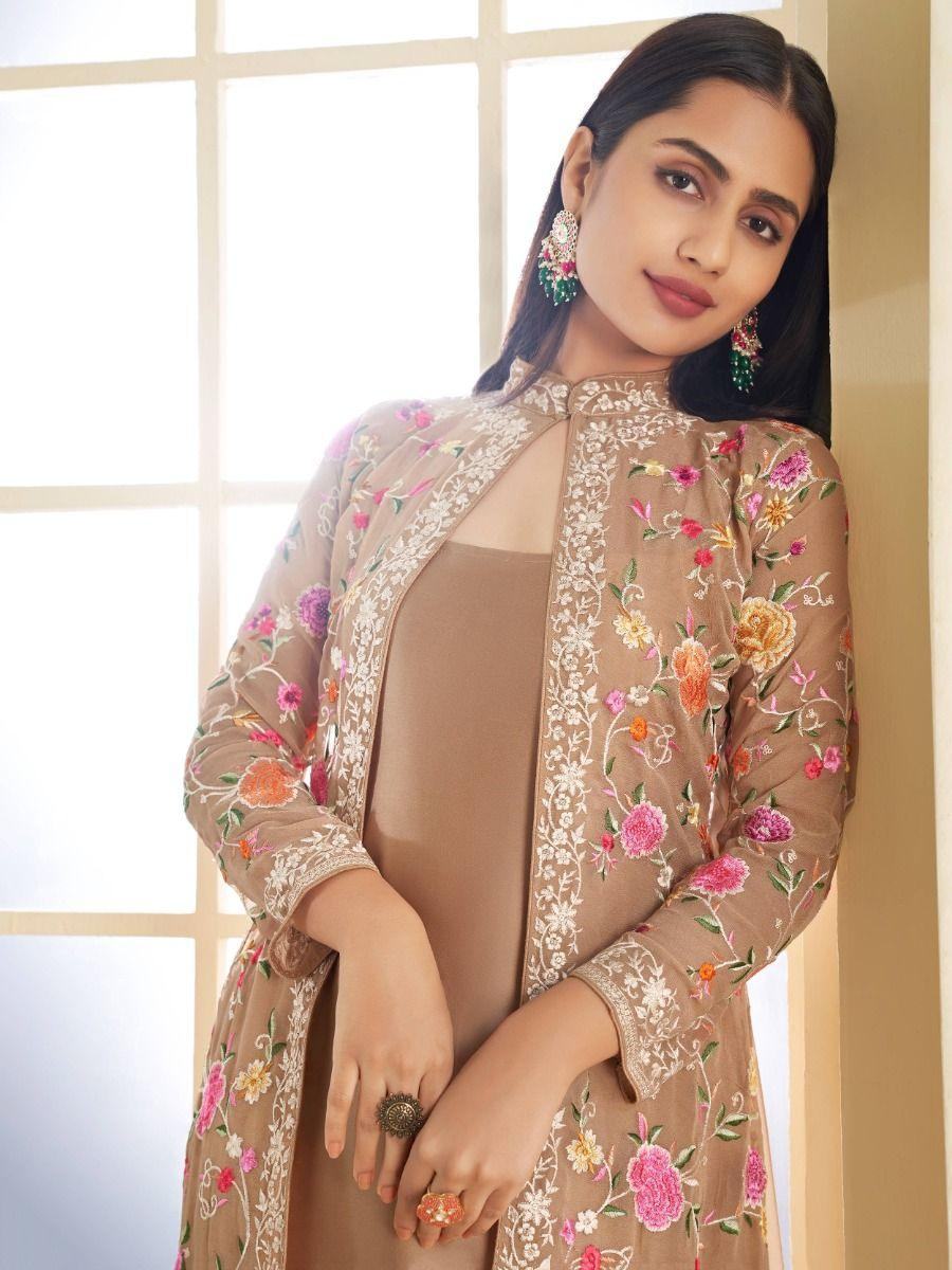 Unique Light Brown Embroidered Georgette Jacket Salwar Suit - Zeel Clothing
