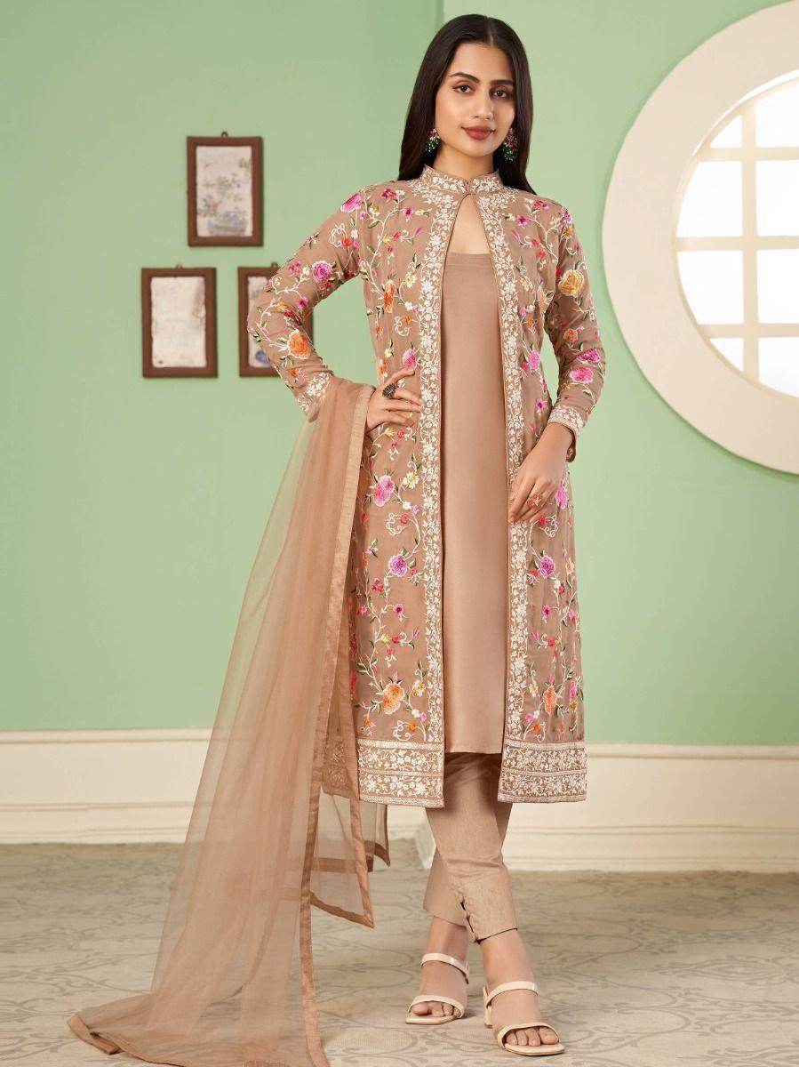 Unique Light Brown Embroidered Georgette Jacket Salwar Suit - Zeel Clothing