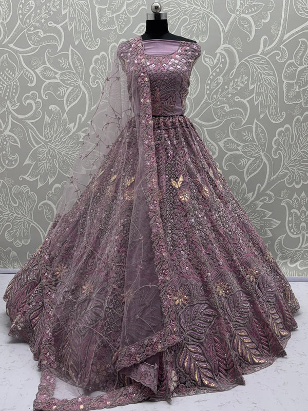 Unique Mauve Dori Embroidery Net Engagement Wear Lehenga Choli - Zeel Clothing