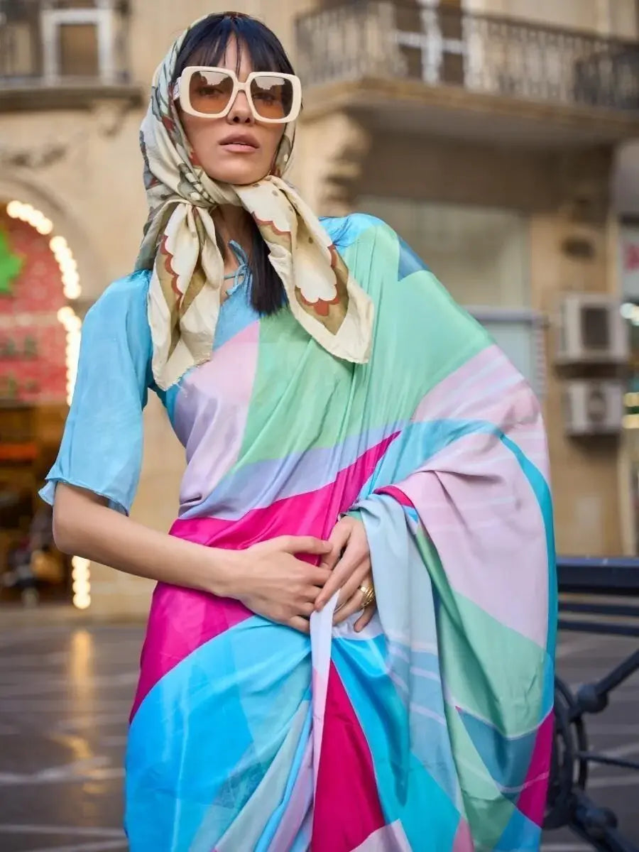 Unique Multi-Color Digital Printed Silk Traditional Saree With Blouse - Zeel Clothing