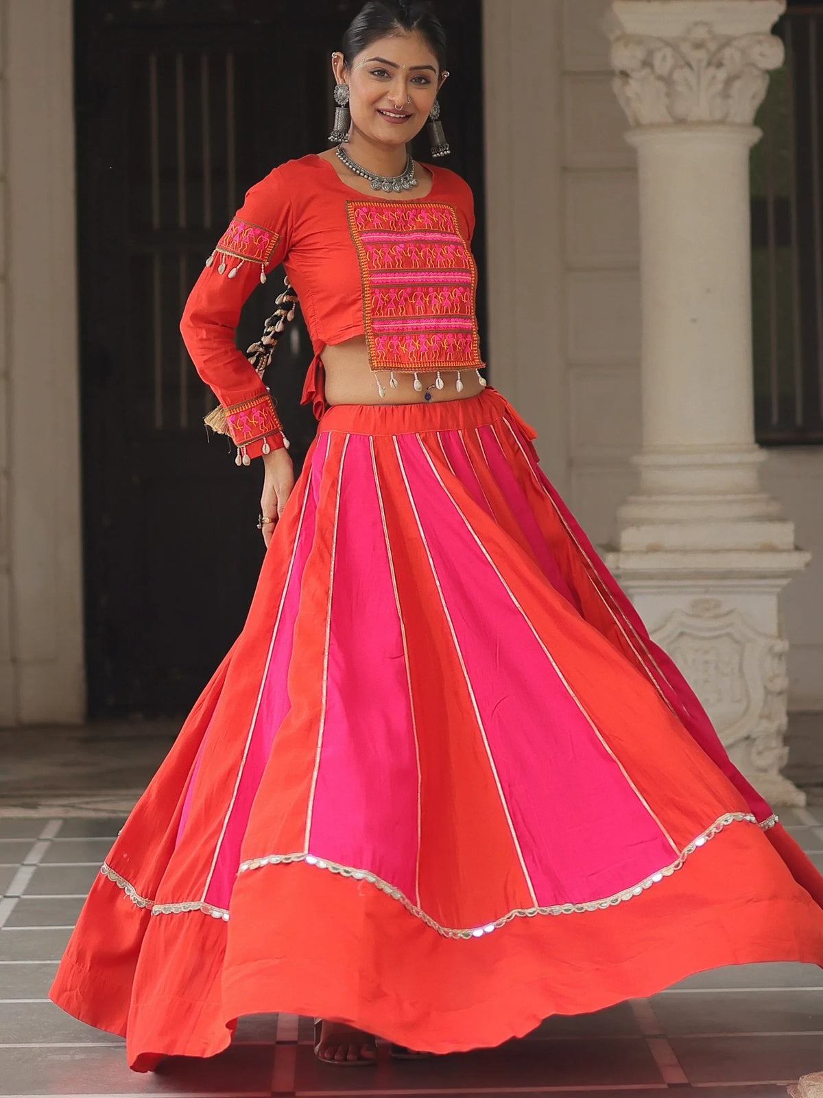 Unique Orange Lace Work Silk Navratri Wear Lehenga Choli - Zeel Clothing
