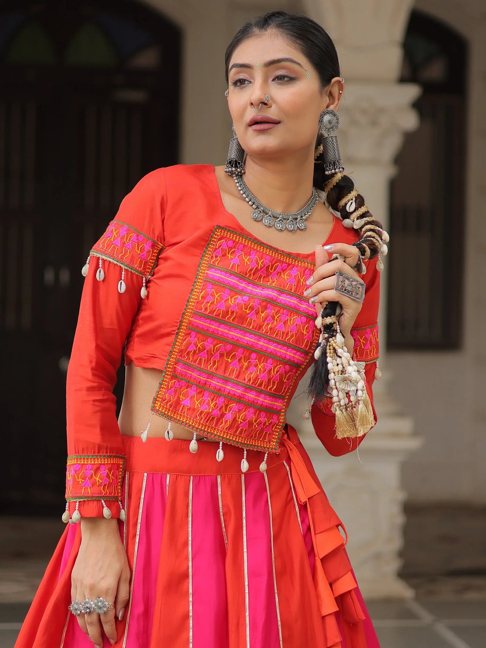 Unique Orange Lace Work Silk Navratri Wear Lehenga Choli - Zeel Clothing