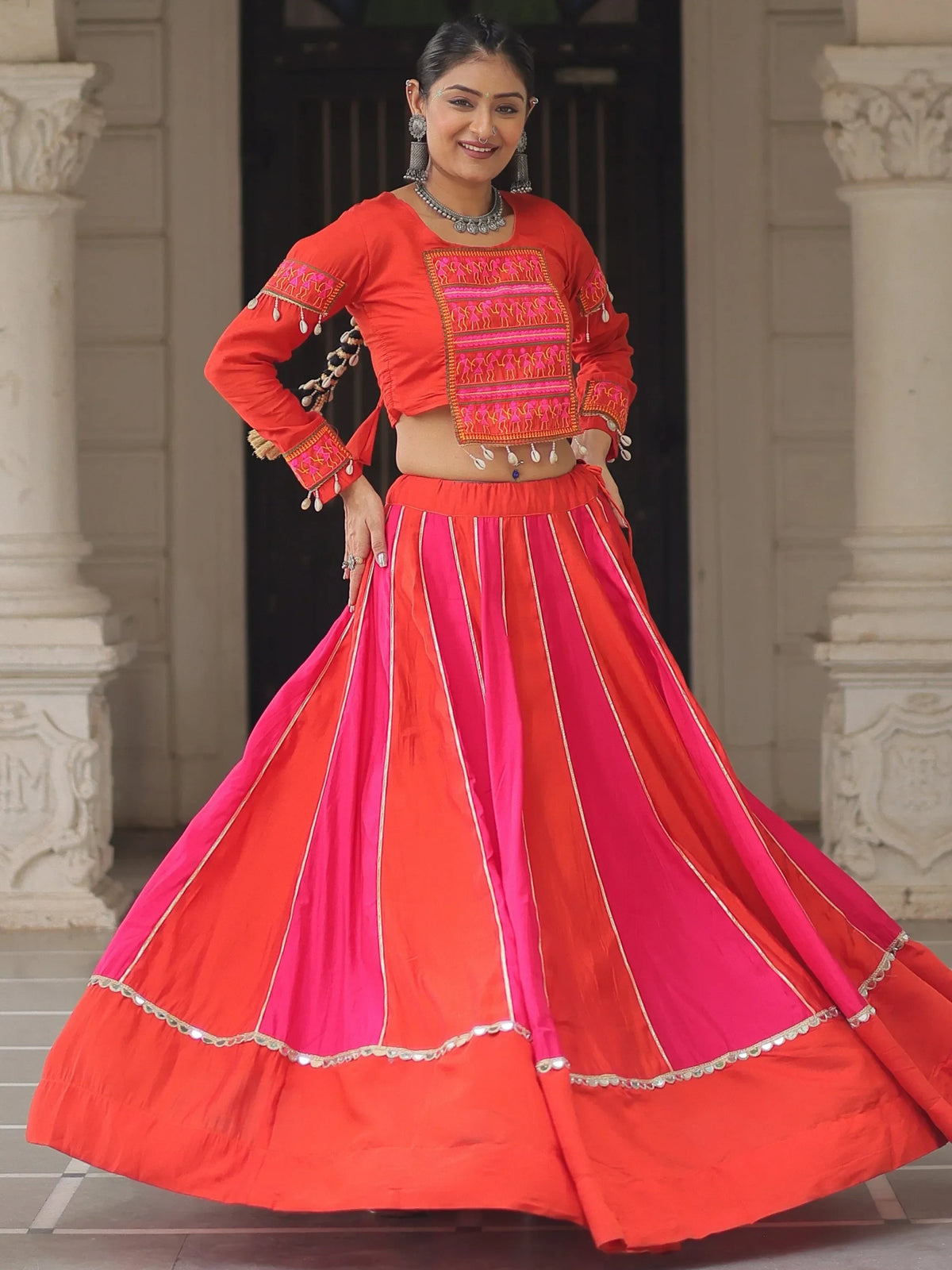 Unique Orange Lace Work Silk Navratri Wear Lehenga Choli - Zeel Clothing