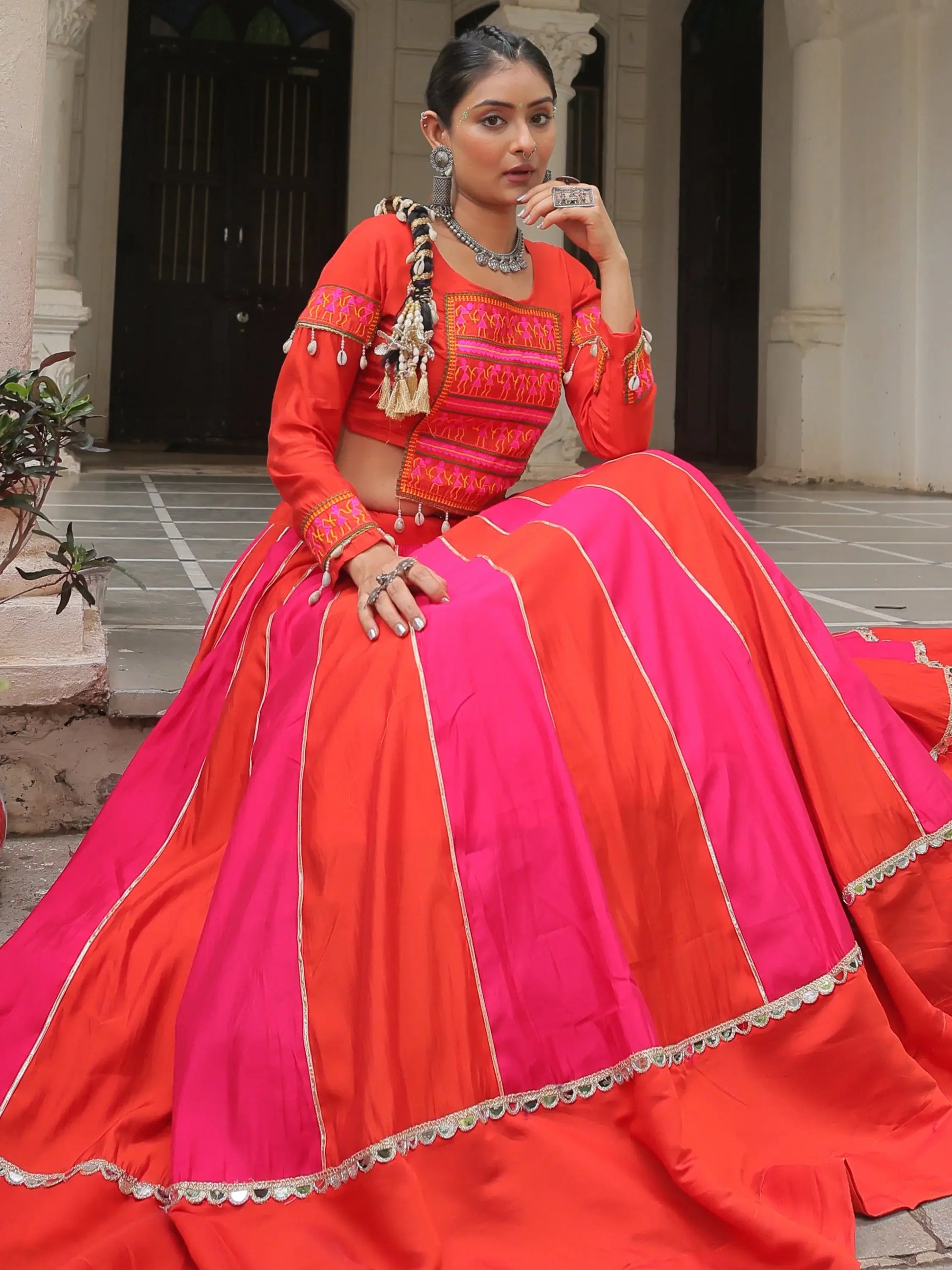 Unique Orange Lace Work Silk Navratri Wear Lehenga Choli - Zeel Clothing