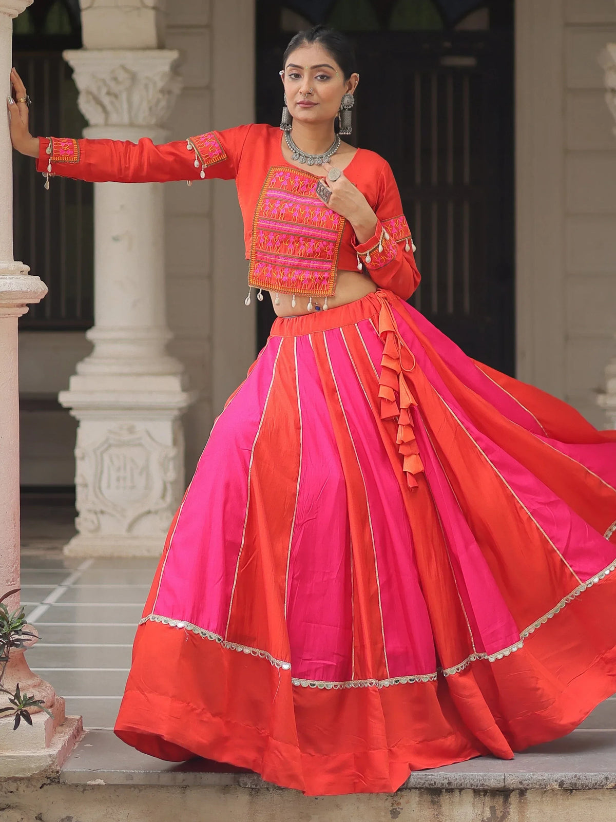 Unique Orange Lace Work Silk Navratri Wear Lehenga Choli - Zeel Clothing