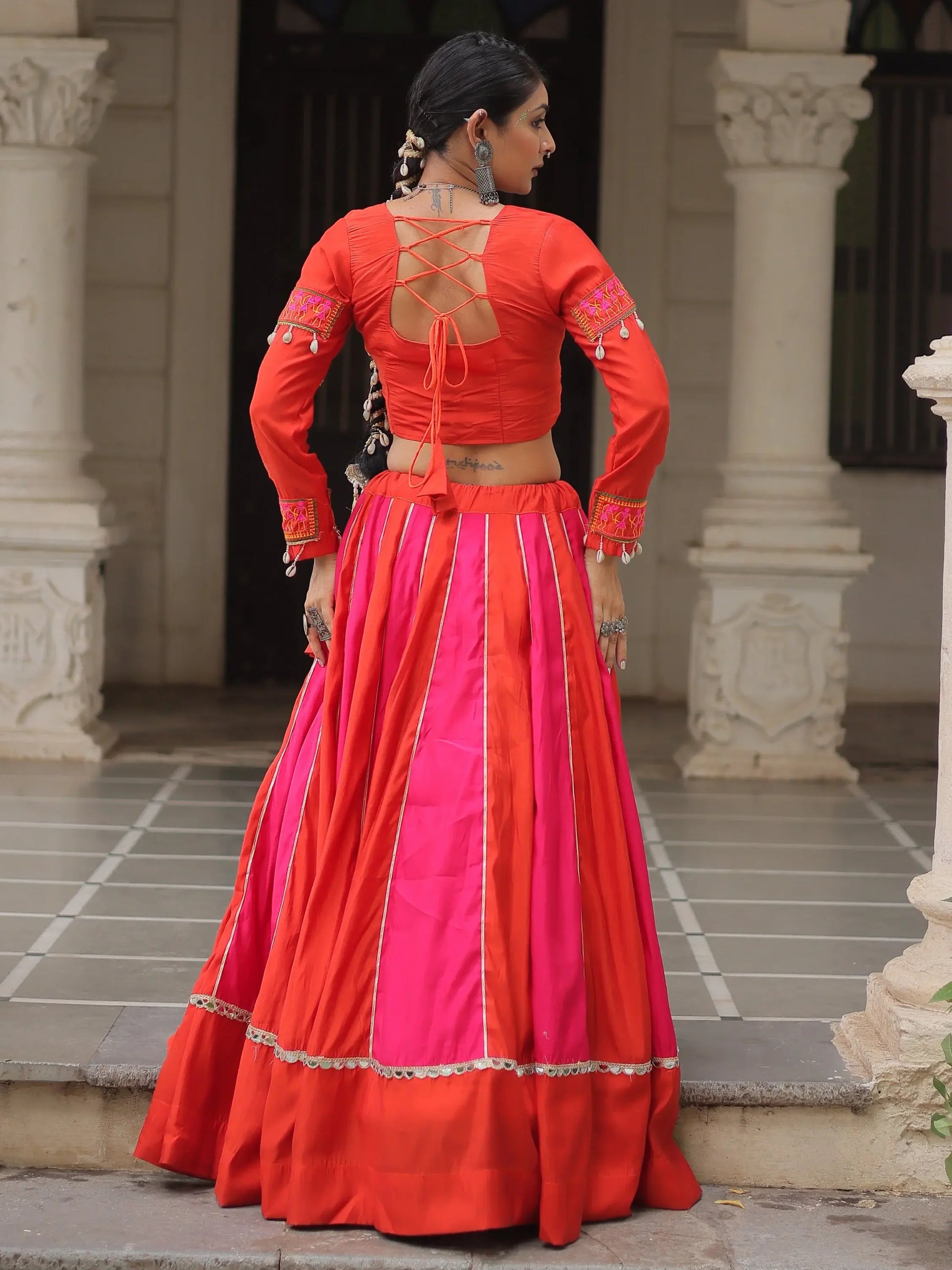 Unique Orange Lace Work Silk Navratri Wear Lehenga Choli - Zeel Clothing