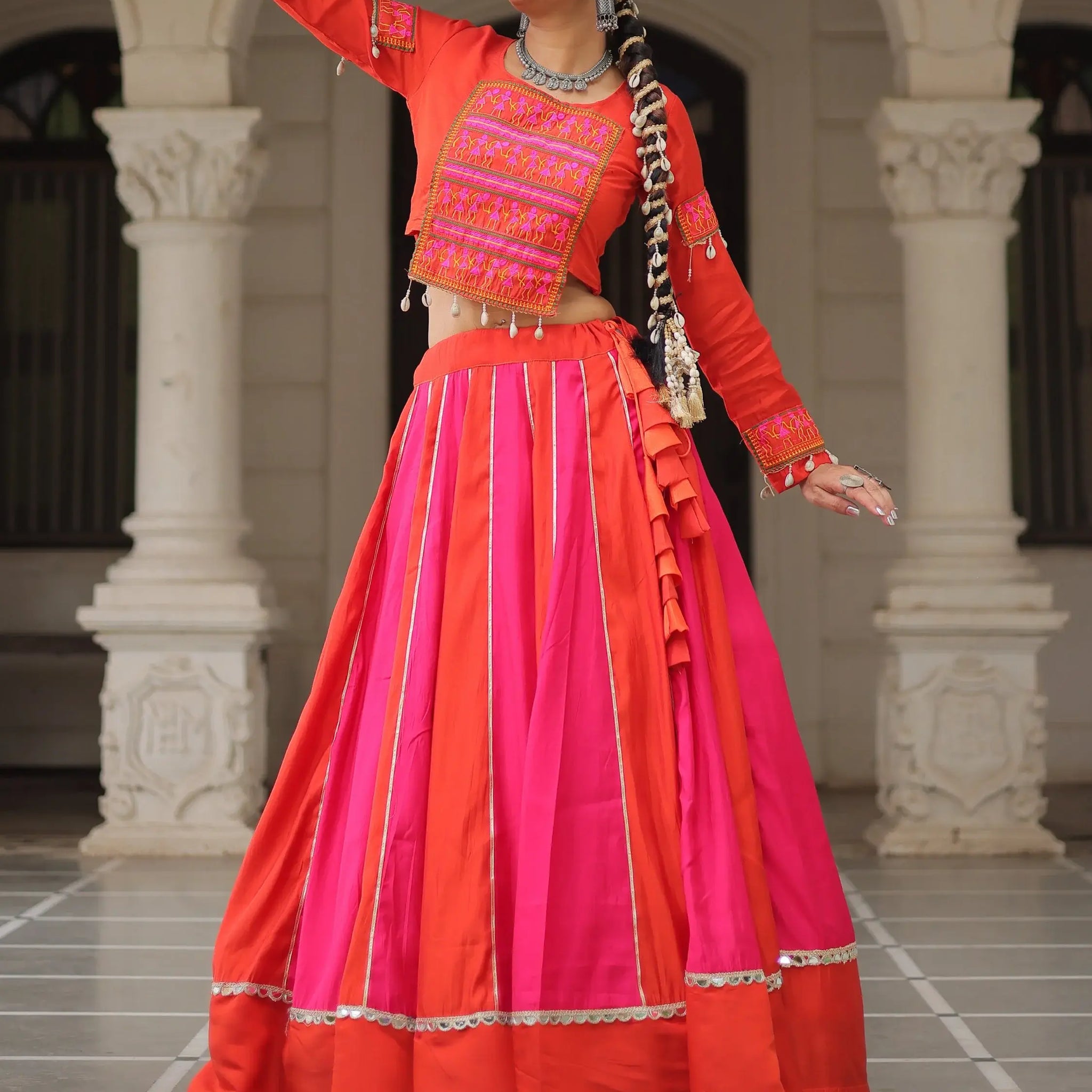 Unique Orange Lace Work Silk Navratri Wear Lehenga Choli - Zeel Clothing