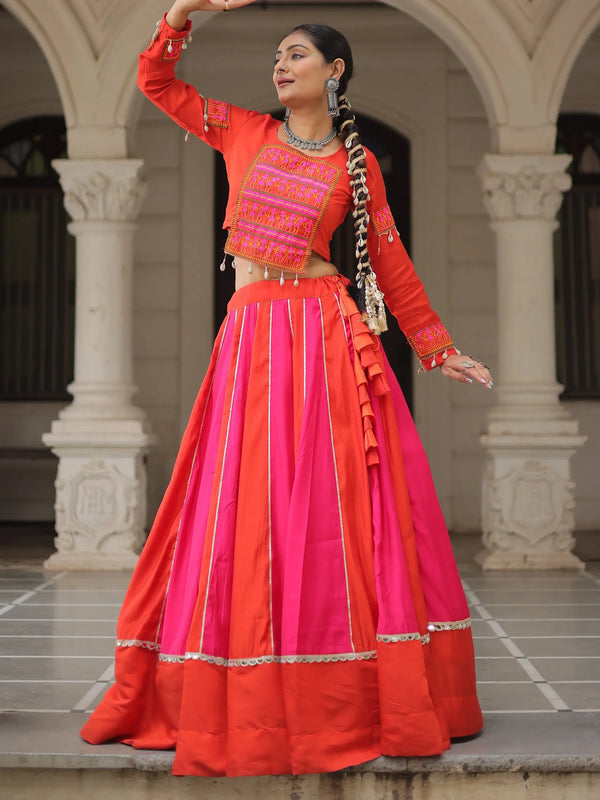 Unique Orange Lace Work Silk Navratri Wear Lehenga Choli - Zeel Clothing