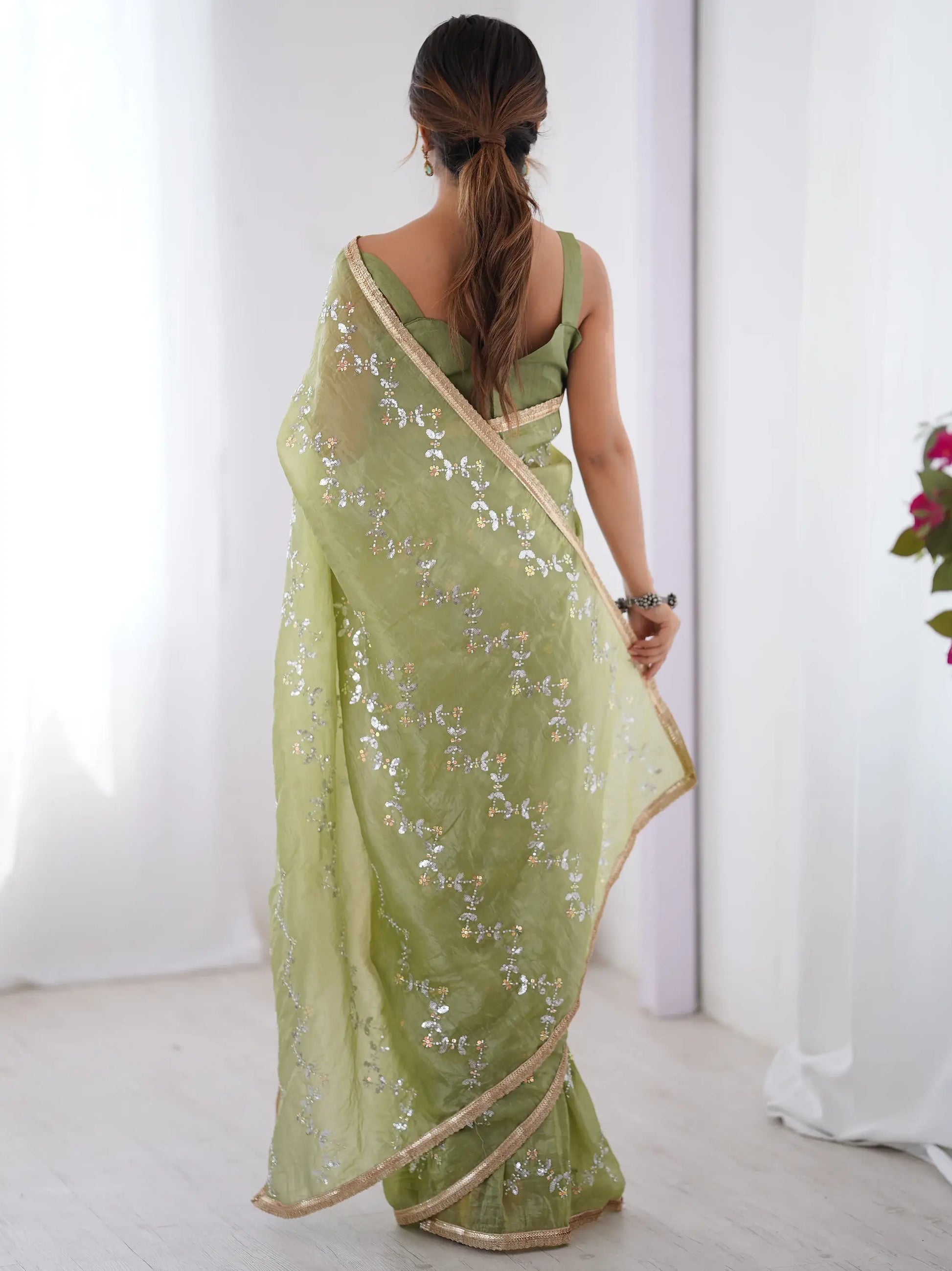 Unique Pista Green Sequins Organza Event Wear Saree With Blouse - Zeel Clothing