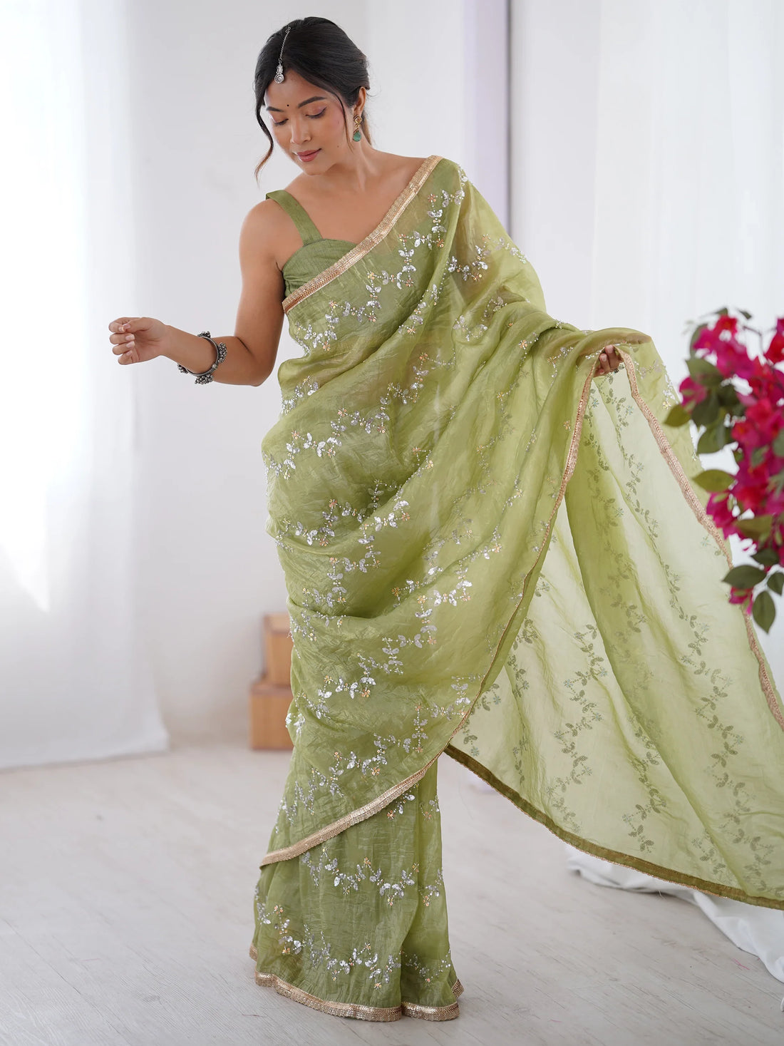 Unique Pista Green Sequins Organza Event Wear Saree With Blouse - Zeel Clothing