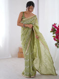 Unique Pista Green Sequins Organza Event Wear Saree With Blouse - Zeel Clothing