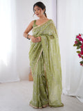 Unique Pista Green Sequins Organza Event Wear Saree With Blouse - Zeel Clothing