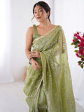 Unique Pista Green Sequins Organza Event Wear Saree With Blouse - Zeel Clothing