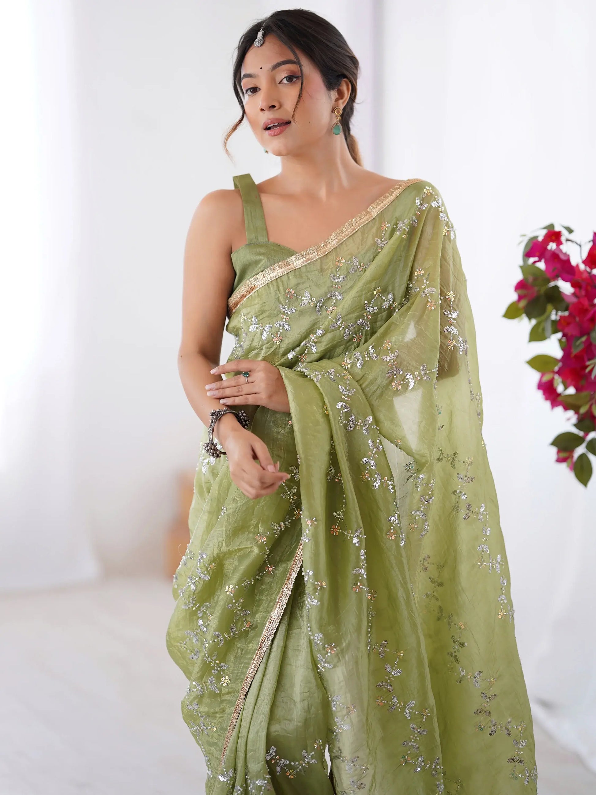 Unique Pista Green Sequins Organza Event Wear Saree With Blouse - Zeel Clothing