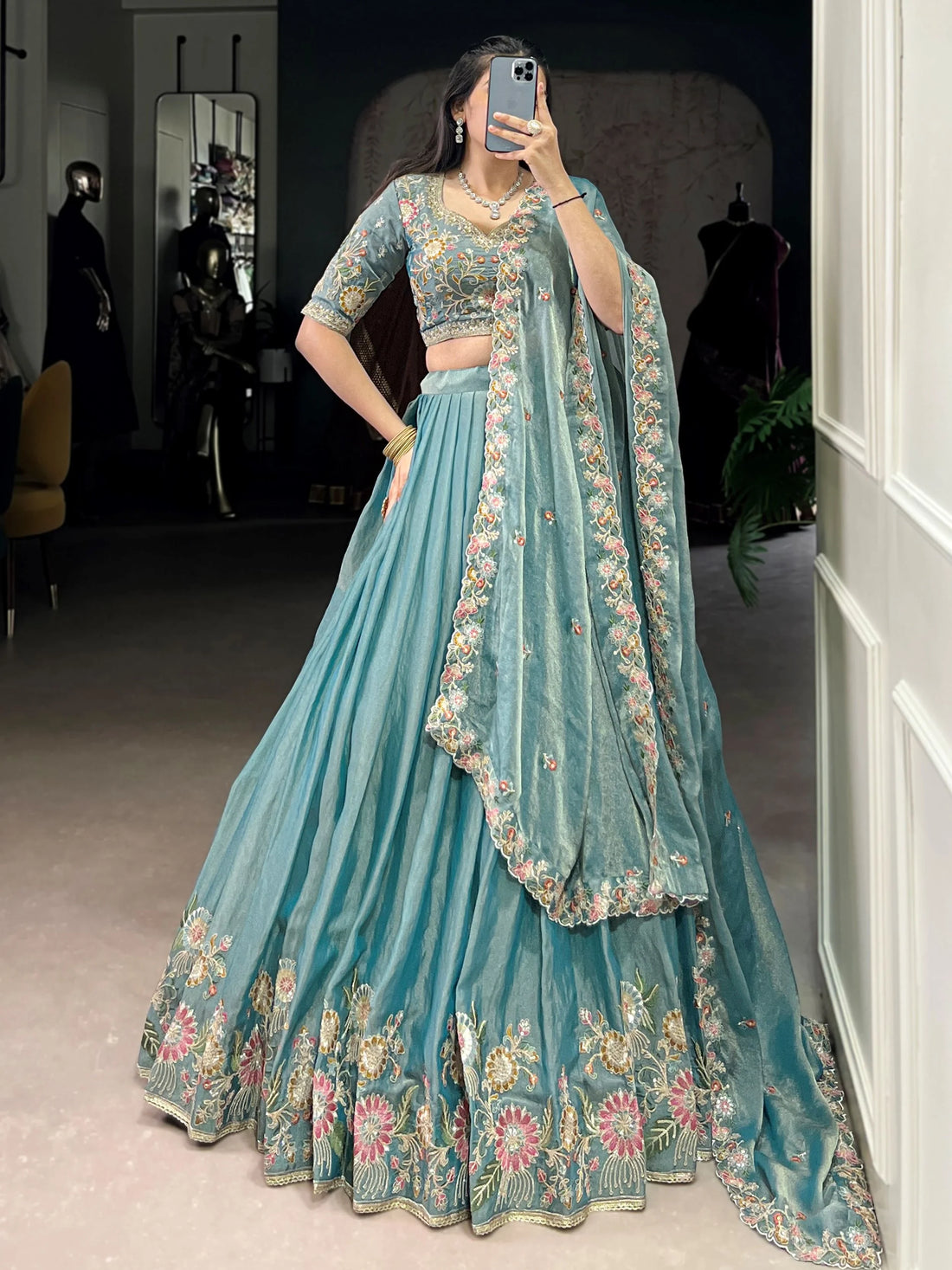 Unique Sky-Blue Floral Embroidered Organza Bridesmaid Lehenga Choli - Zeel Clothing