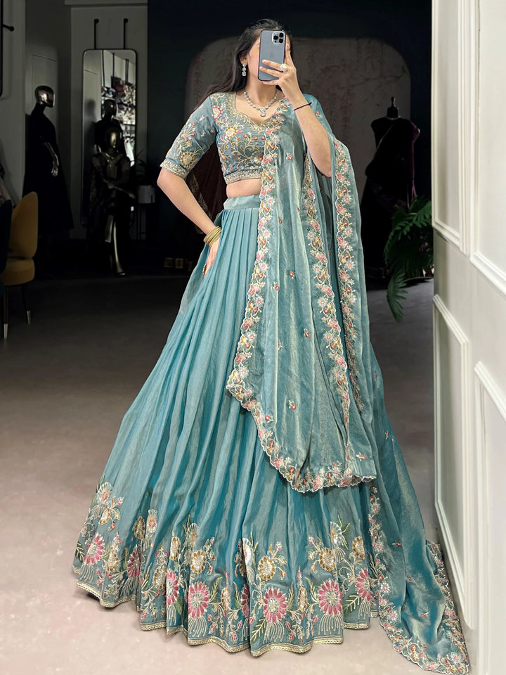 Unique Sky-Blue Floral Embroidered Organza Bridesmaid Lehenga Choli - Zeel Clothing