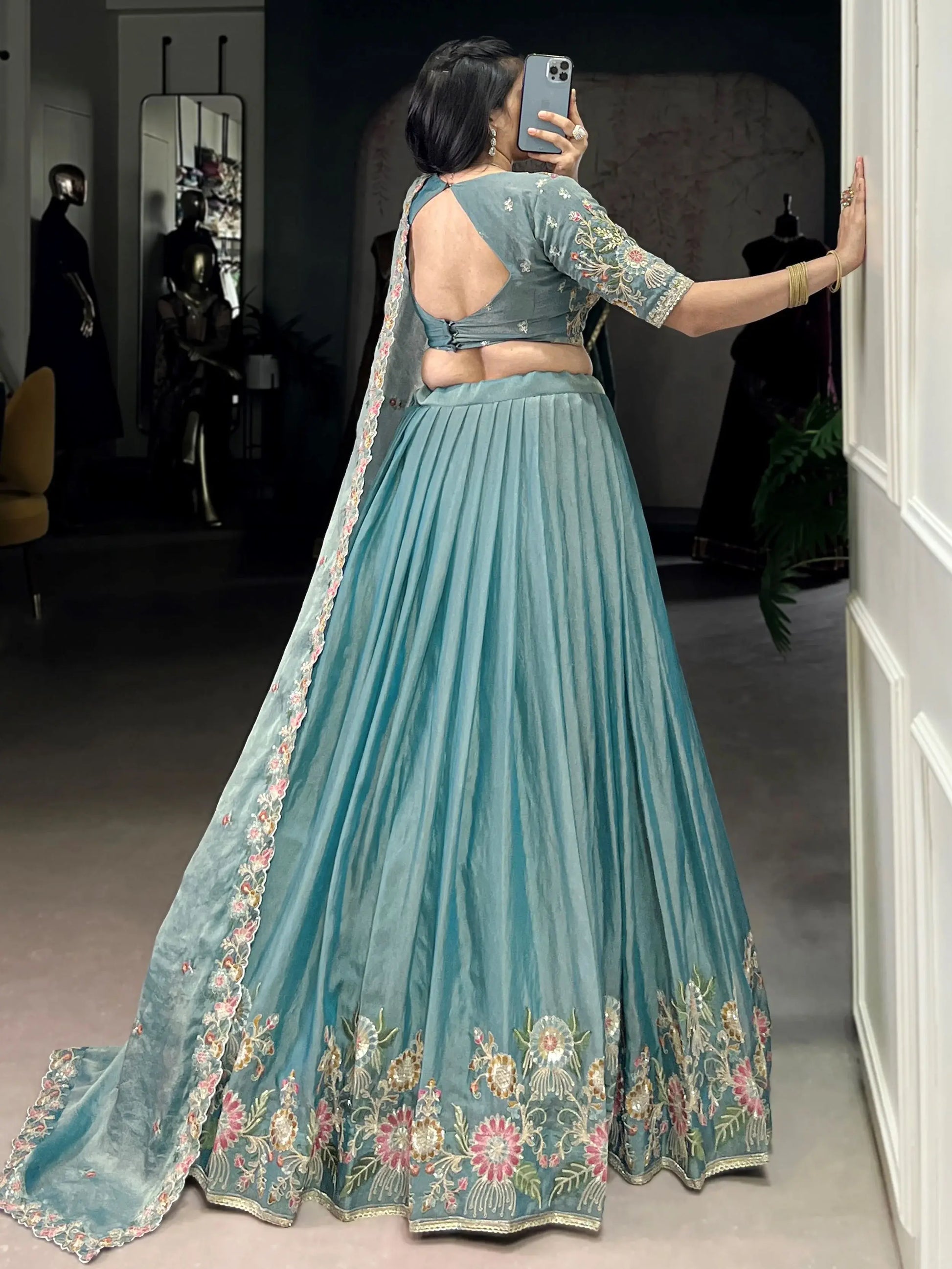 Unique Sky-Blue Floral Embroidered Organza Bridesmaid Lehenga Choli - Zeel Clothing