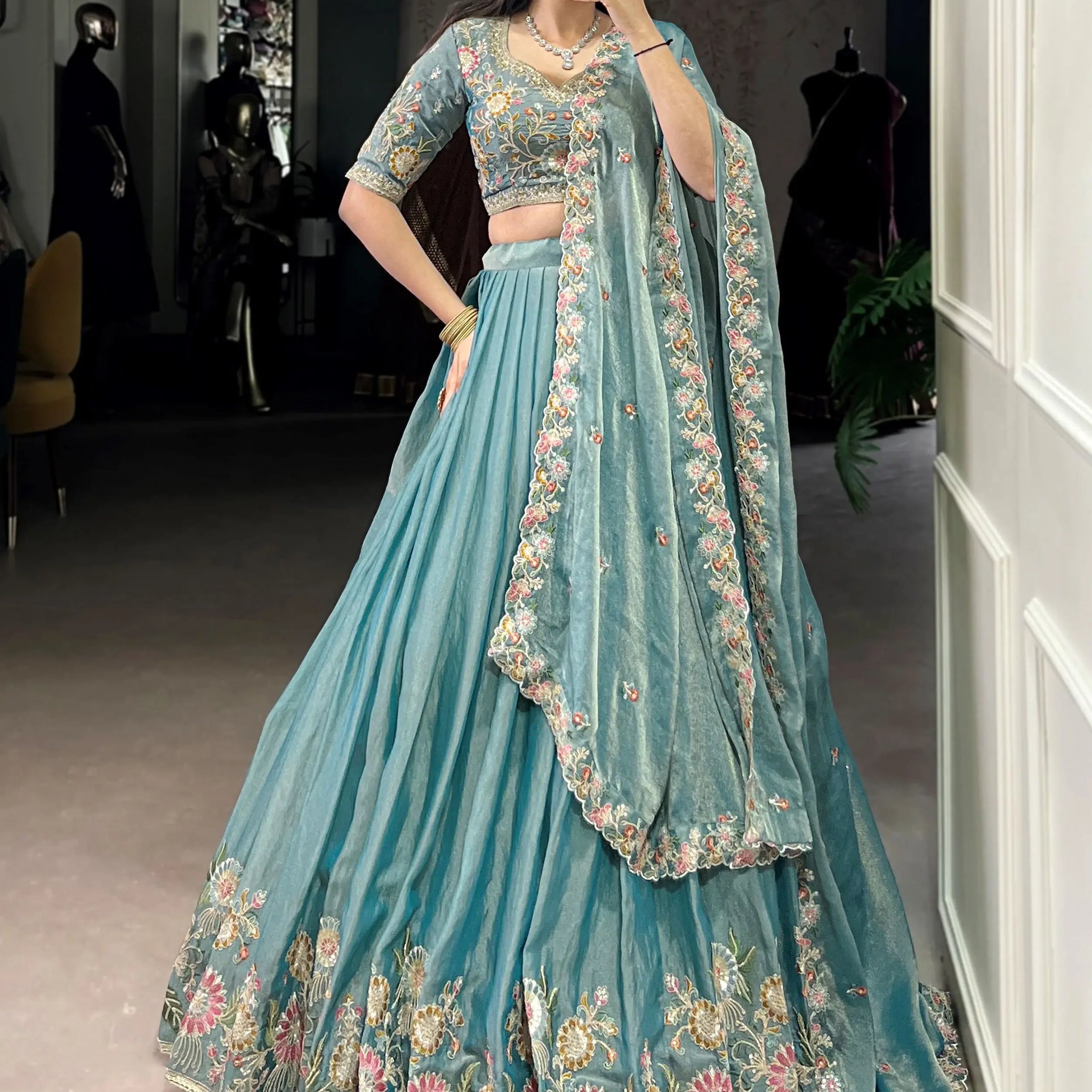 Unique Sky-Blue Floral Embroidered Organza Bridesmaid Lehenga Choli - Zeel Clothing