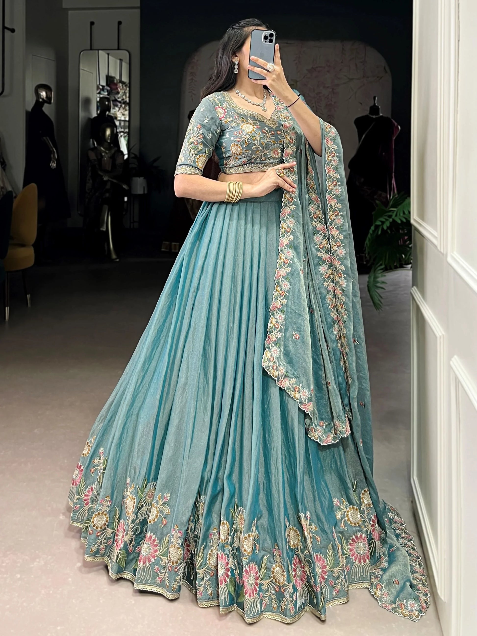 Unique Sky-Blue Floral Embroidered Organza Bridesmaid Lehenga Choli - Zeel Clothing