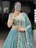 Unique Sky-Blue Floral Embroidered Organza Bridesmaid Lehenga Choli - Zeel Clothing