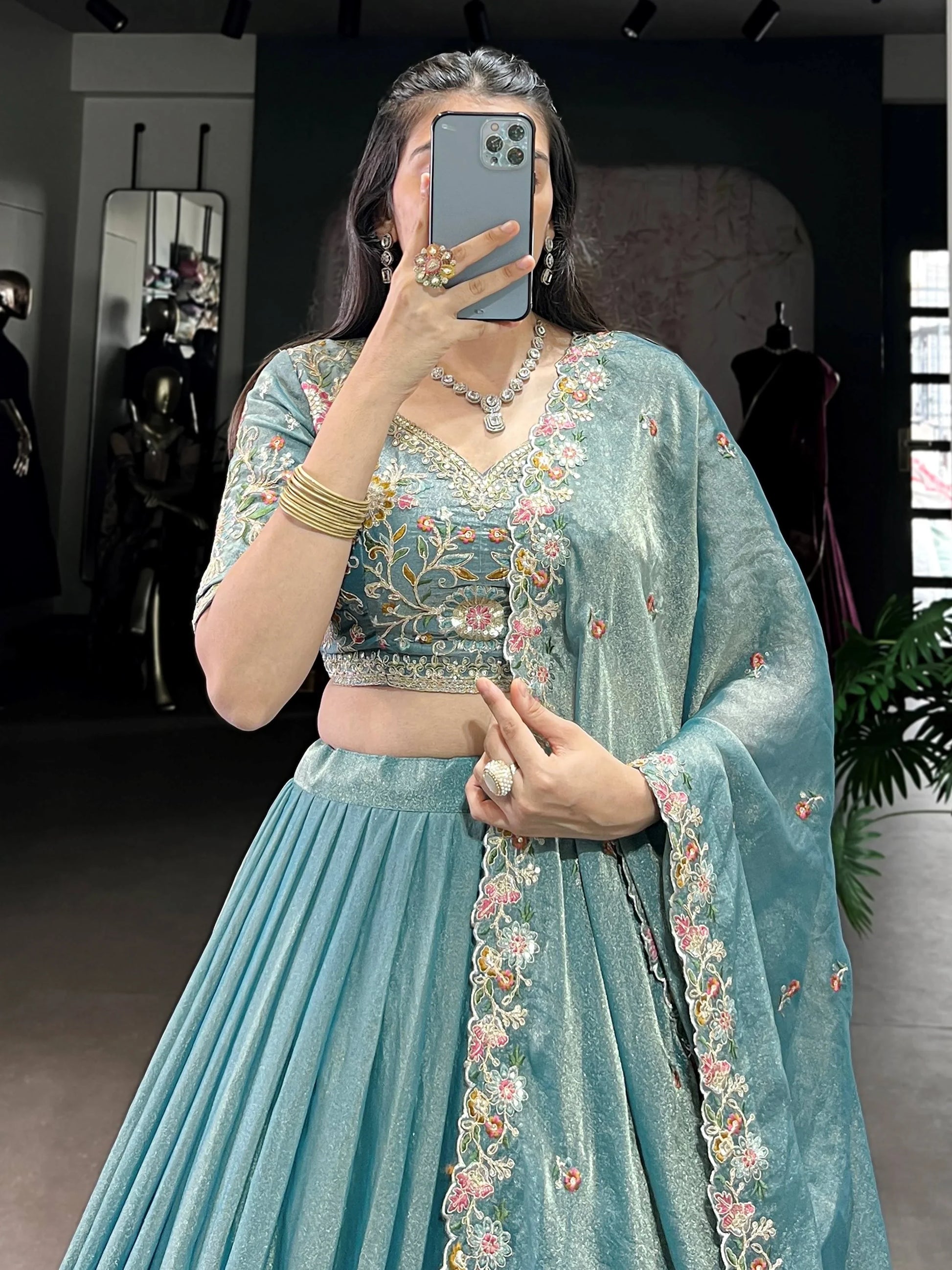 Unique Sky-Blue Floral Embroidered Organza Bridesmaid Lehenga Choli - Zeel Clothing