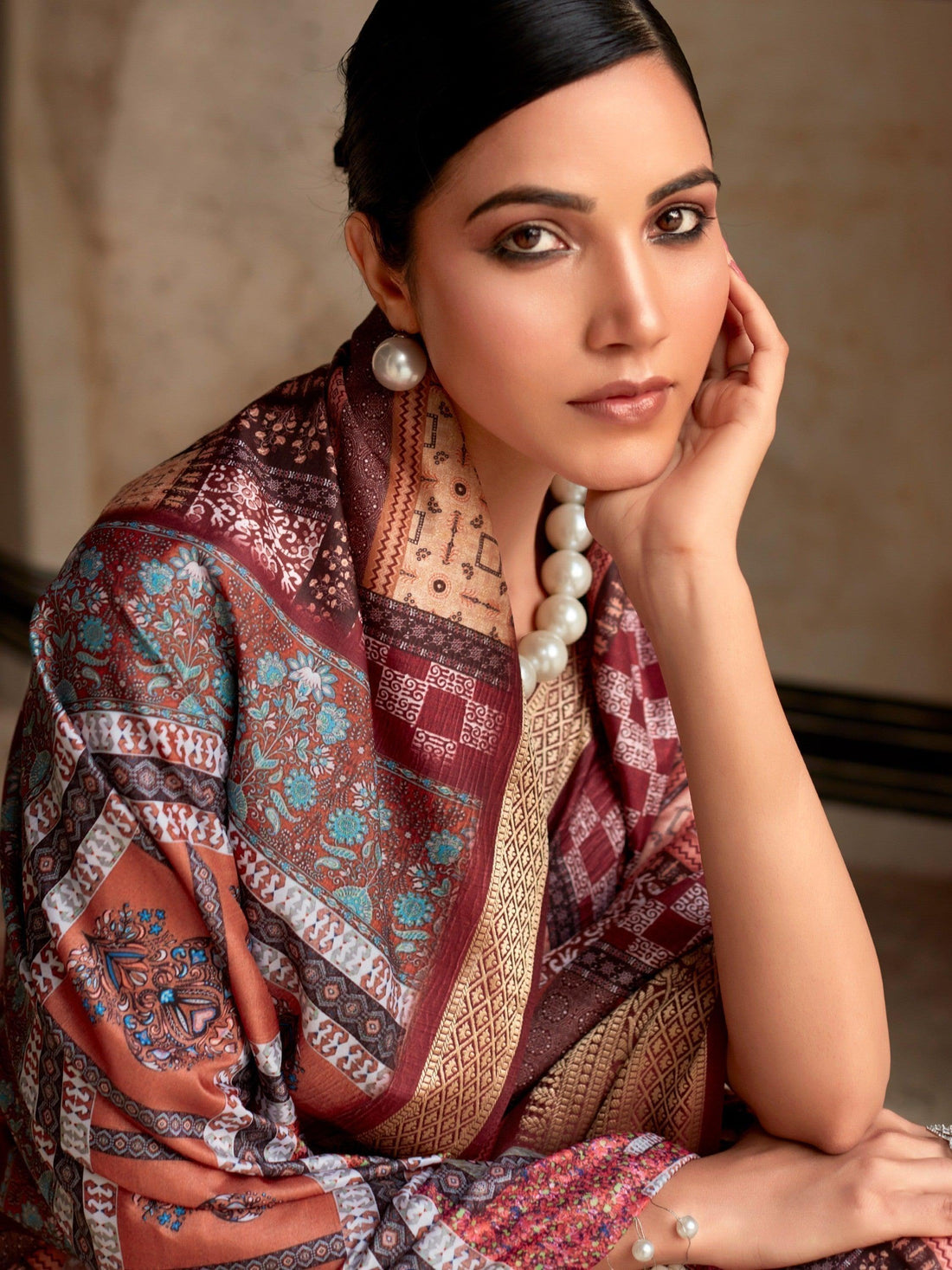 Unique Wine Digital Printed Silk Function Wear Saree With Blouse