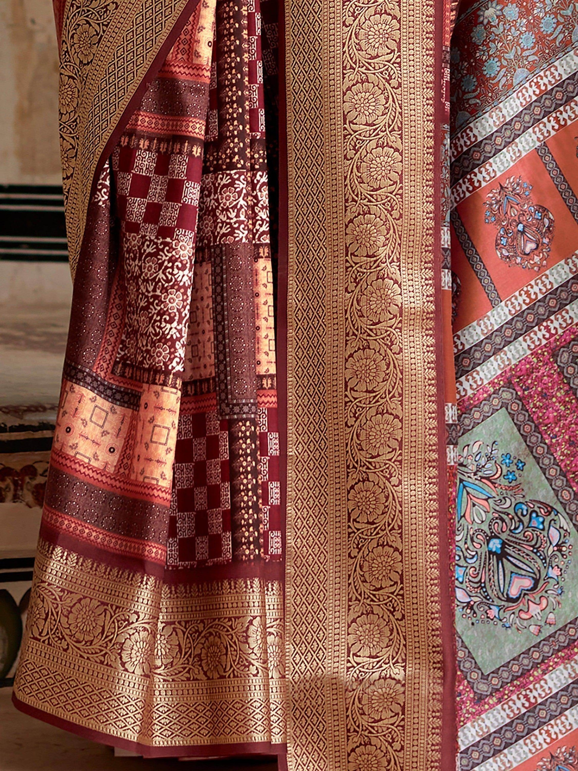 Unique Wine Digital Printed Silk Function Wear Saree With Blouse - Zeel Clothing