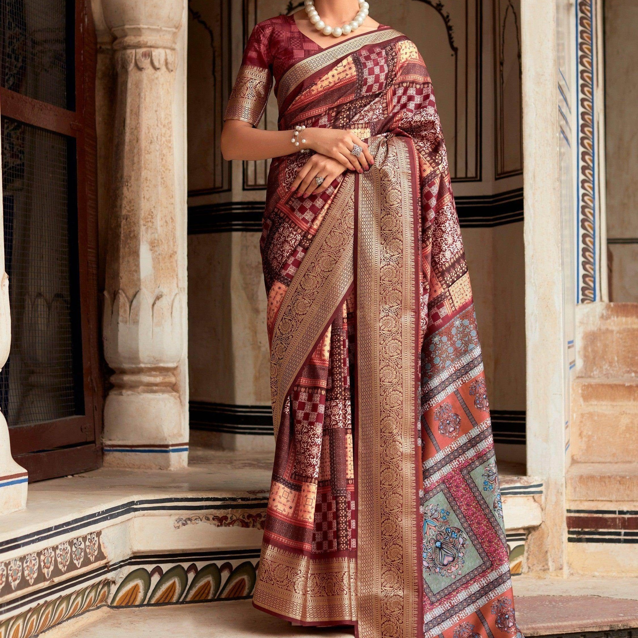 Unique Wine Digital Printed Silk Function Wear Saree With Blouse - Zeel Clothing