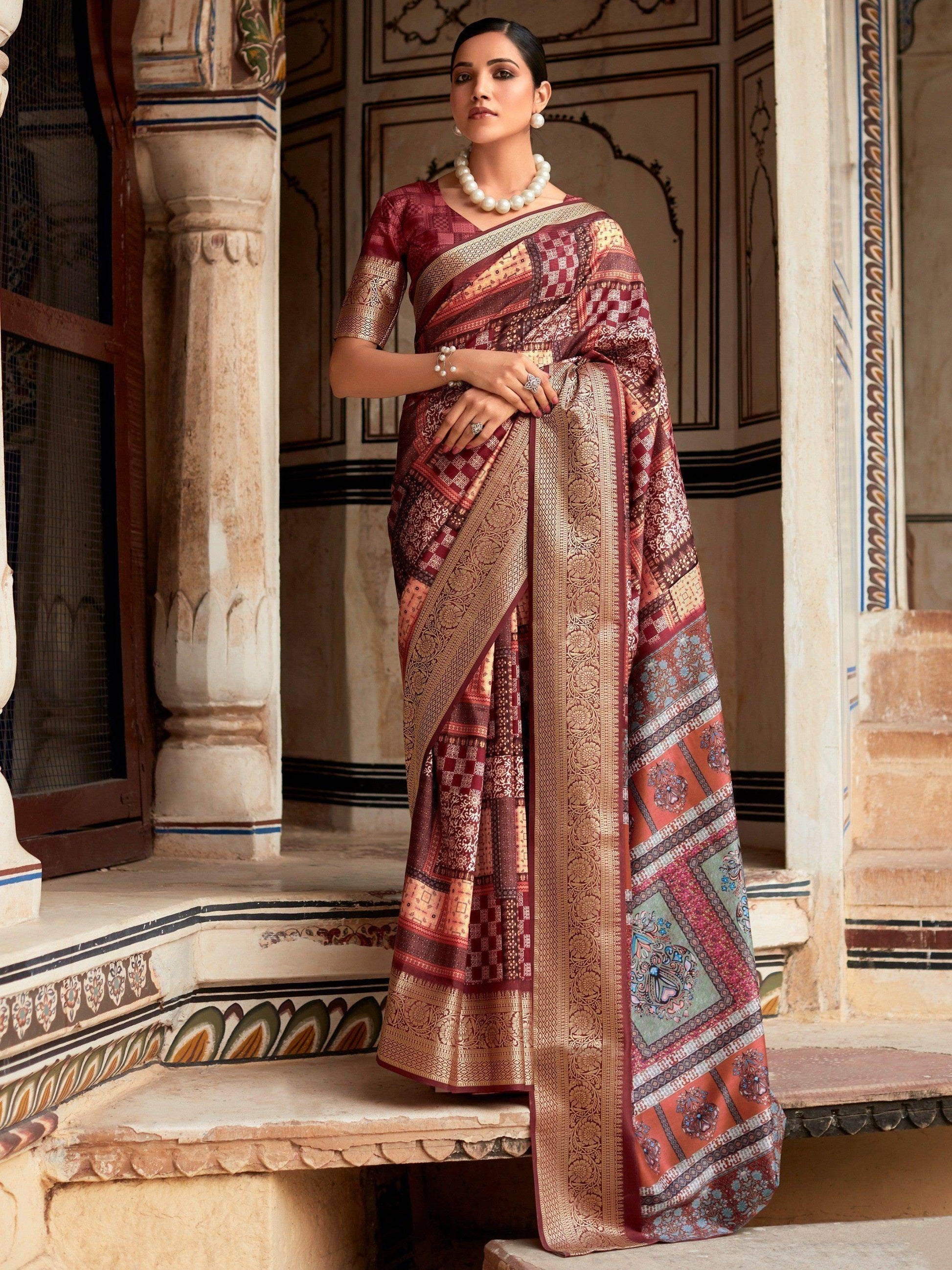Unique Wine Digital Printed Silk Function Wear Saree With Blouse - Zeel Clothing