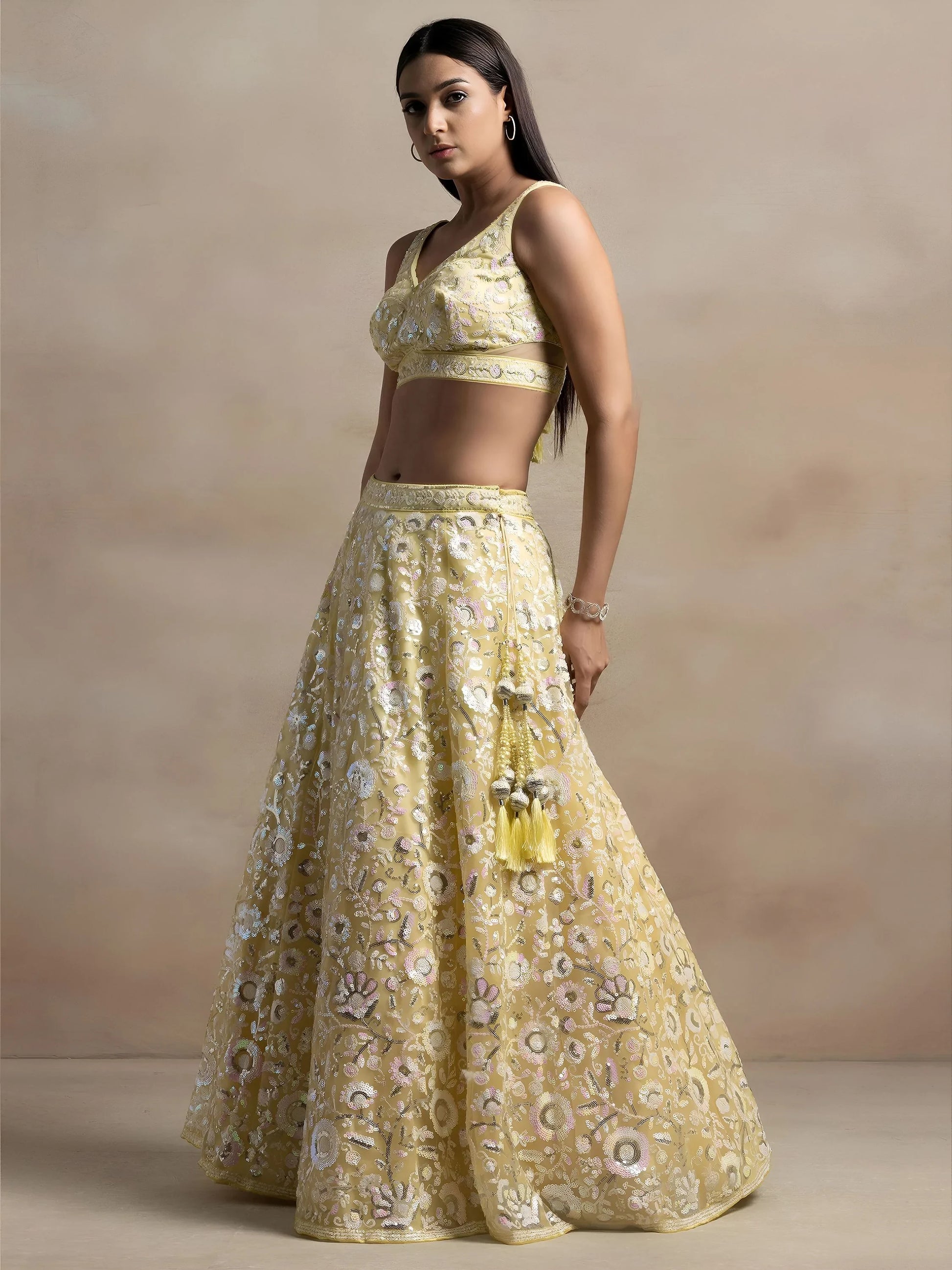 Unique Yellow Sequins Net Haldi Wear Lehenga Choli With Dupatta