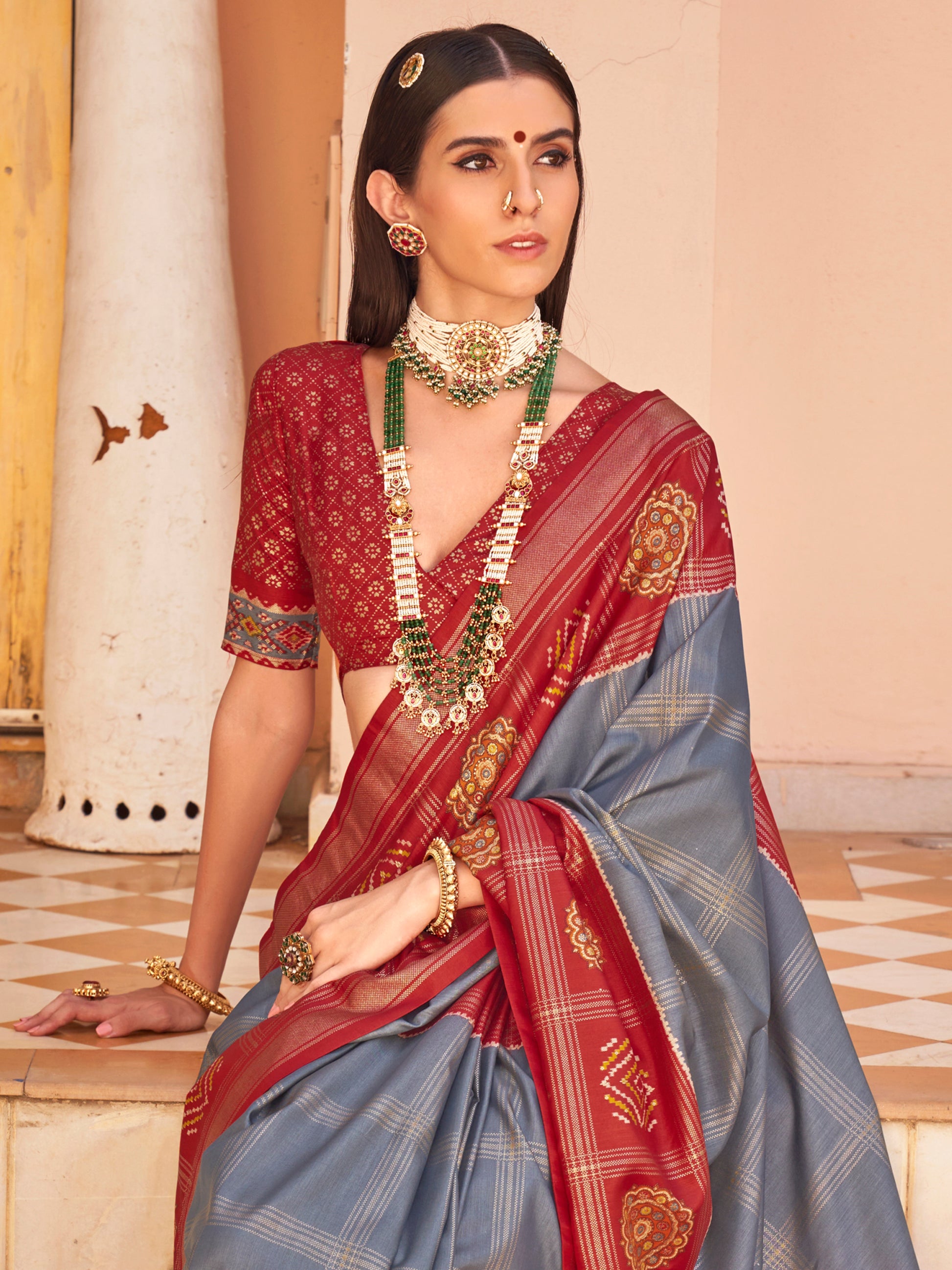 Excellent Grey Patola Printed Silk Casual Wear Saree With Blouse
